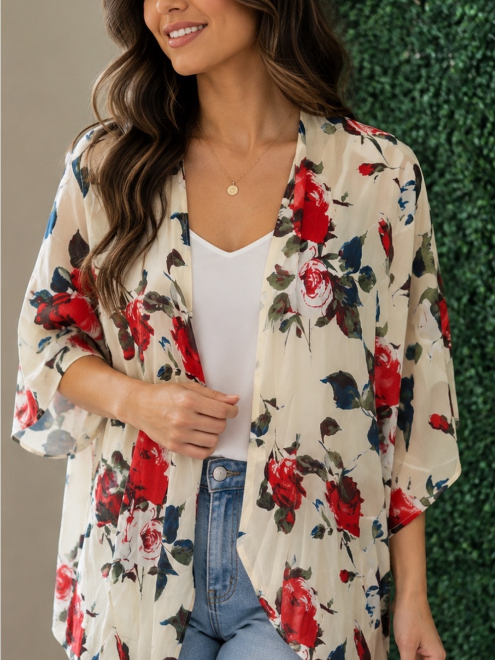 Floral Open-Front Cream Tunic with Red Rose Print# 256